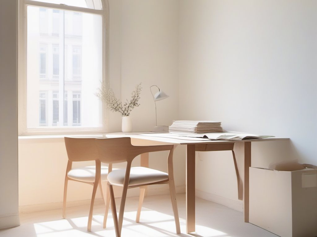 A corner of a small office in daylight: two chairs at a table, folders and loose paper.
