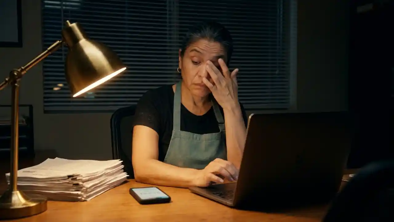 Illustration: a bakery owner at her desk after closing, one hand pressed to her eyes, invoices stacked under the lamp.