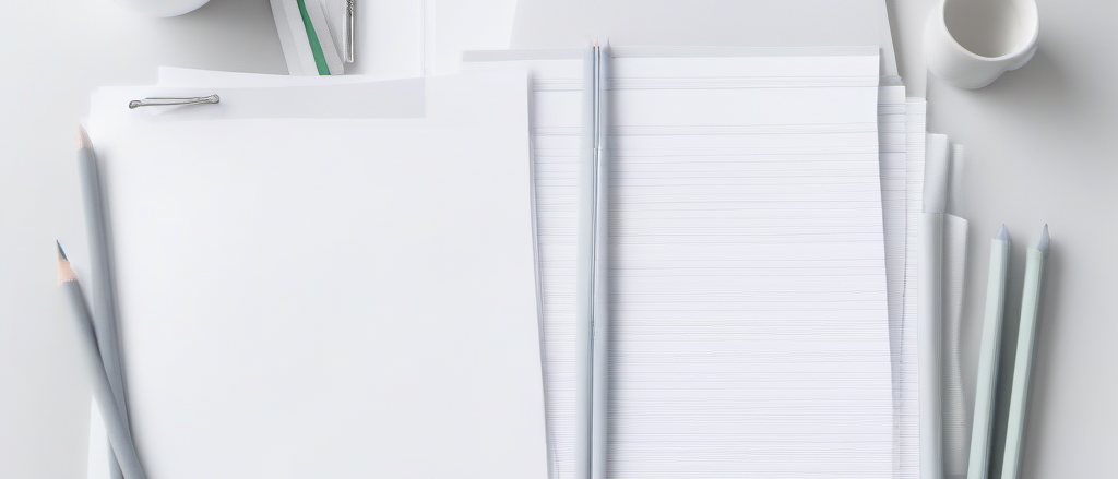 Sorted paperwork on a pale desk: separate stacks of documents, pencils and a clip.