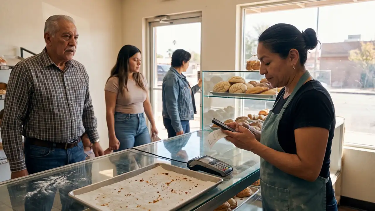 Illustration: the bakery owner at the register reading her phone while an older man and a young woman wait at the counter.