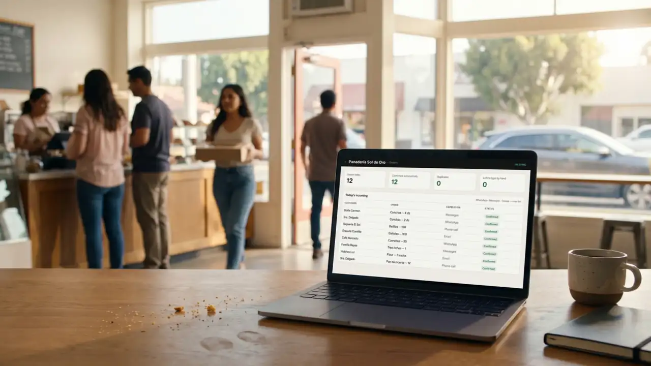 Illustration: a laptop on a café table showing a single list of confirmed orders while customers queue at the counter behind it.