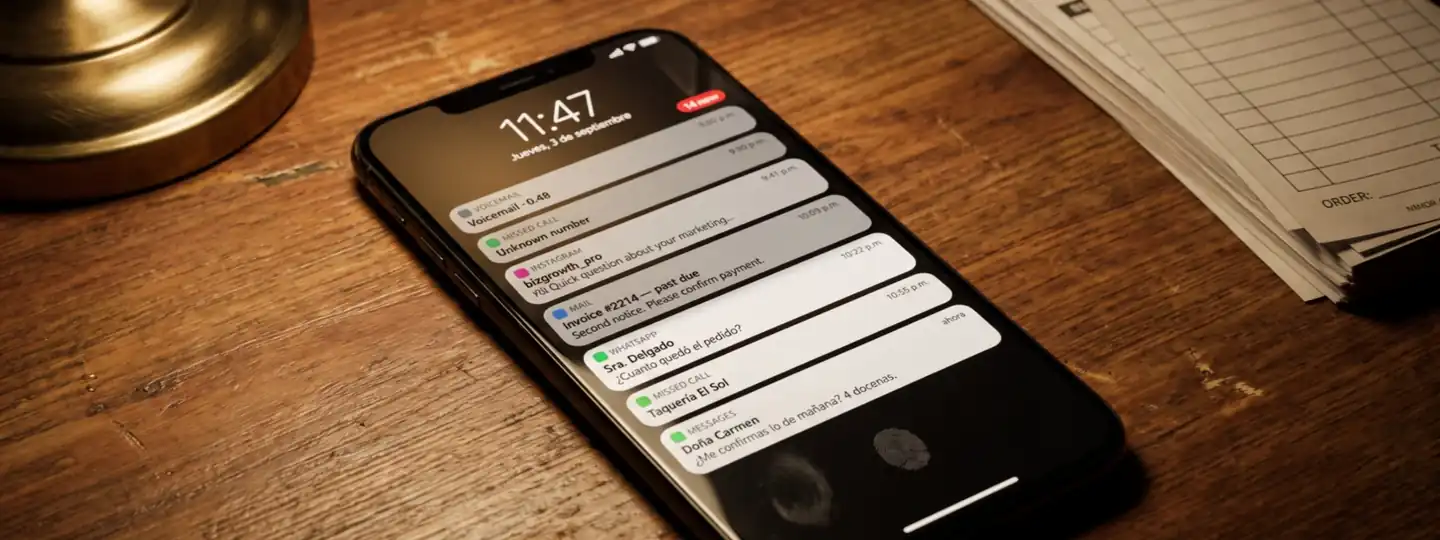 Illustration: a phone on a desk at 11:47 p.m., its lock screen stacked with unanswered order messages.