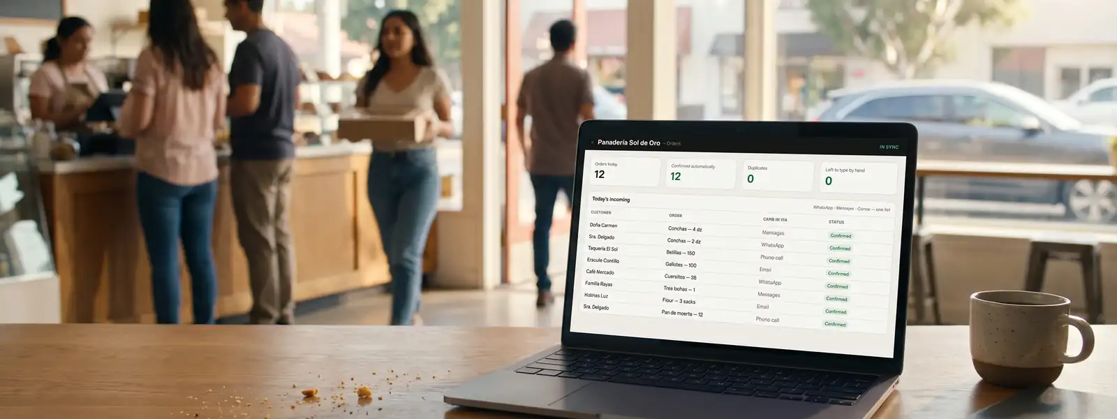 Illustration: a laptop on a cafe table showing one list of confirmed orders while customers queue behind it.
