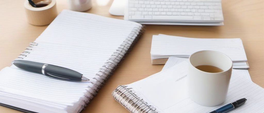 A working desk in daylight: a ring-bound notebook, loose invoices, a pen and a mug.