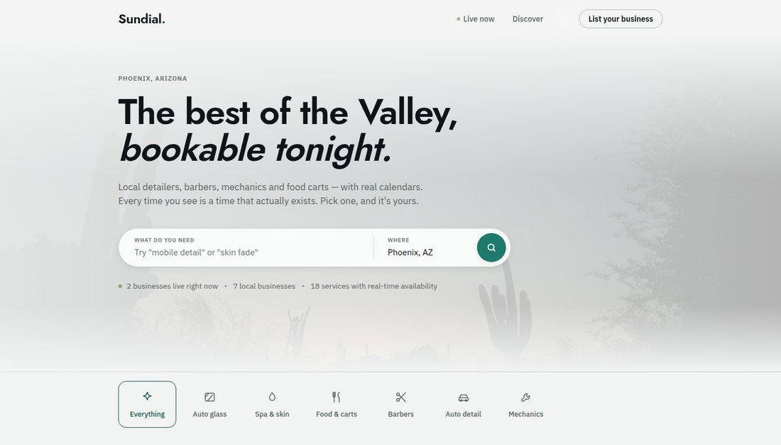 The Sundial home page: a search for local services with live availability.